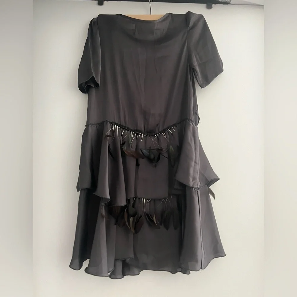 Vintage Prada Silk Charcoal Grey Dress with feather details| size 6 - Picture 3 of 4